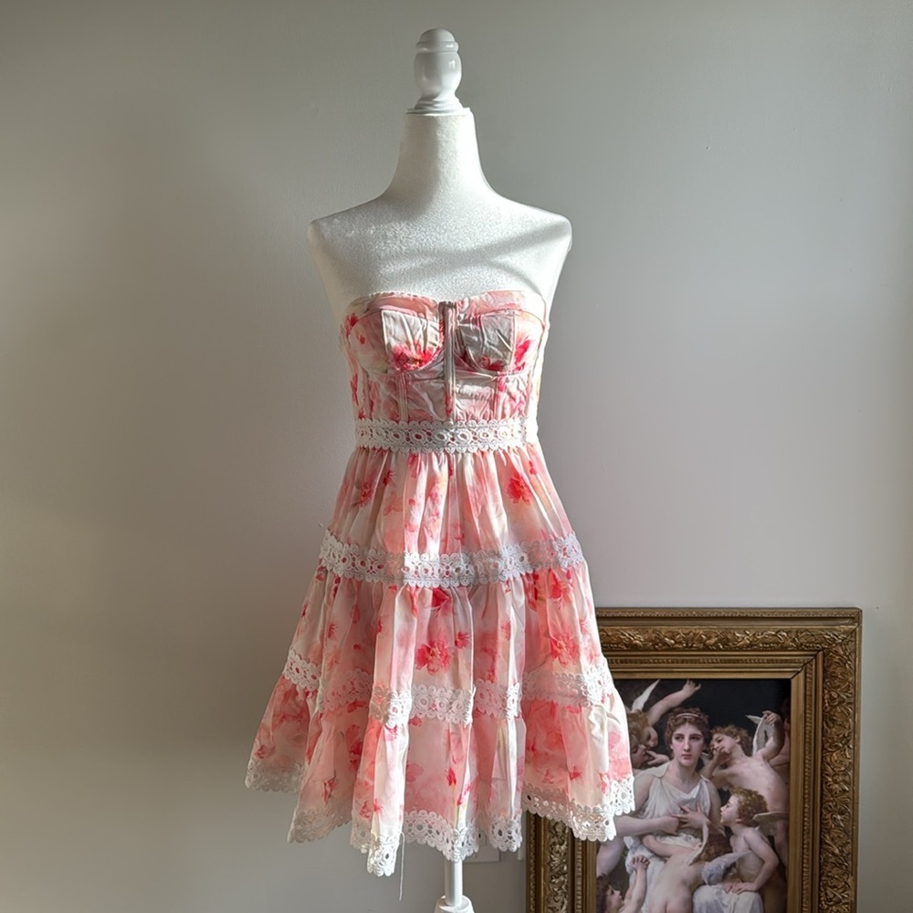Cherley Strapless Floral Lace Mini Dress Pink